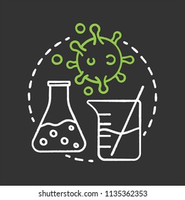 Science lab chalk concept icon. Virologyidea. Study of viruses. Laboratory flask and beaker, virus cell. Vector isolated chalkboard illustration