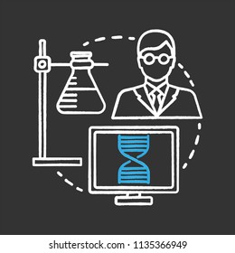 Science lab chalk concept icon. Microbiology idea. Study of microorganisms. Ring stand with flask, microbiologist, laboratory computer. Vector isolated chalkboard illustration