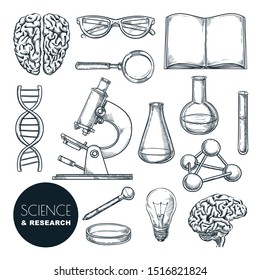 Science Lab And Chemistry Research Sketch Vector Illustration. Isolated Hand Drawn Education Icons Set. Human Brain, Dna And Laboratory Equipment Collection For Chemical Experiments.