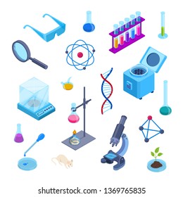 Science lab and chemistry research vector 3d isometric symbols. Isolated trendy flat icons set. Laboratory equipment collection for chemical experiments.
