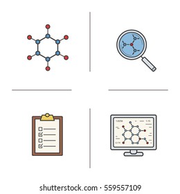 Science lab color icons set. Molecule, laboratory computer, molecular structure analysis, tests checklist. Isolated vector illustrations