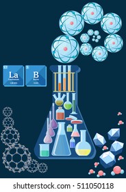 Science lab concept with flask of laboratory equipment,  chemical structures, atoms, molecules and word "Lab" made of chemical elements. Scientific research. Chemical experiment. Vector illustration.