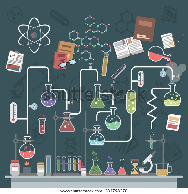 フラットフラスクと物理シンボルのベクターイラストを使った科学研究所のコンセプト のベクター画像素材 ロイヤリティフリー