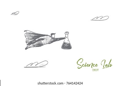 Science lab concept. Hand drawn superhero with laboratory glass in his hand. Flying hero holds tube with chemical liquid vector illustration.