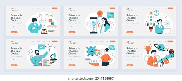 Science lab concept of landing page with slide templates set in flat design. Website headers with people make chemical research in flask, work at astronomy engineering programs. Vector illustrations.