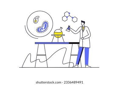 Science Laborkonzept mit Menschen-Szene im flachen Cartoon-Stil. Ein Wissenschaftler untersucht verschiedene biologische Organismen im Labor. Vektorgrafik.