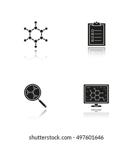 Science lab drop shadow black icons set. Molecule, laboratory computer, molecular structure analysis, tests checklist. Isolated vector illustrations