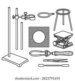 Science lab equipment flat icon set of laboratory metal tools. Clean black and white line art depicting various metal laboratory support tools and instruments. Ideal for technical manuals and high school science curriculum.