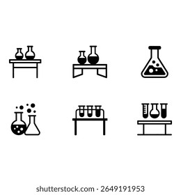 Science Lab Equipment Icons Black and White Minimalist Style Experiment Research Chemistry Vector Graphics