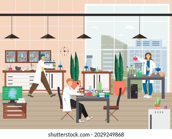 Science lab experiences, flat vector illustration. Students learning to use scientific equipment, carry out experiments.