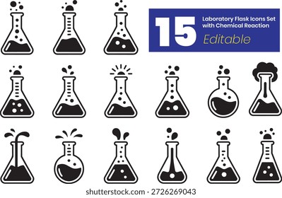 Conjunto de iconos de frasco de laboratorio de Ciencia en blanco y negro con 15 Diseños de reacción química con burbujas y vapor