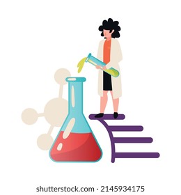 Science lab flat icon with scientist pouring reagent into flask vector illustration