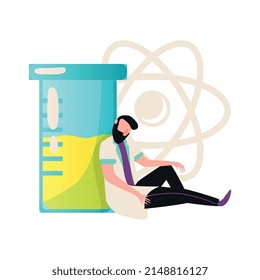 Icono plano de laboratorio de ciencia con la ilustración de un vector de tubo de vidrio y un científico cansado