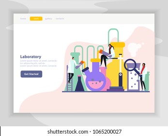 Science lab flat landing page of site with menu, image of chemical experiment, light background vector illustration