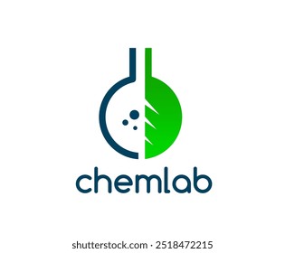 Icono de laboratorio de Ciencia para laboratorio químico, química y farmacia, emblema de Vector. Frasco químico del tubo de ensayo con la hoja verde y las burbujas en icono del contorno para el laboratorio de la clínica o la compañía farmacéutica