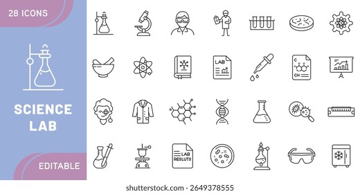 Science Lab Icon Set – Chemistry, Physics, Biology, Laboratory Equipment, Microscope, Test Tube, Experiment, Research, DNA, Molecule, and Scientific Tools in Line Style