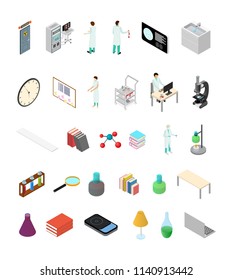 Science Lab Icon Set Isometric View Chemistry Test Medical Concept for Web. Vector illustration of Research Laboratory Elements