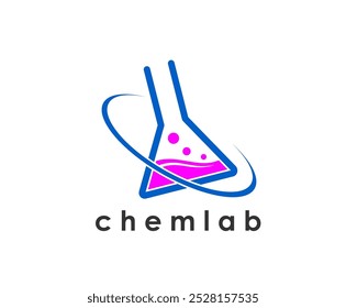 Icono de laboratorio de Ciencia de frasco de vidrio de laboratorio de Vector. Símbolo de laboratorio de investigación química y biotecnológica con tubo de ensayo o vaso de precipitados, burbujas y remolino de vapor. Química, medicina, biología y ciencias