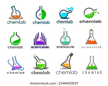 Iconos de laboratorio de Ciencia, investigación química de laboratorio, Vector de biotecnología y biología. Matraz de vidrio de laboratorio, tubos de ensayo y señales de los vasos de precipitados. Vidrio de laboratorio de color con burbujas, gotas y remolinos