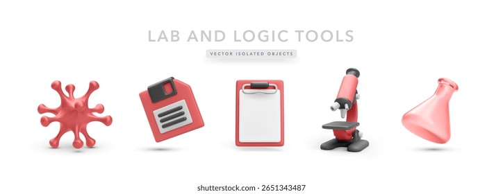 Ícones De Ciência E Laboratório, Incluindo Microscópio, Célula De Vírus, Frasco, Salvar Símbolo E Área De Transferência Em Estilo De Desenho Animado 3D Colorido. Ideal Para Tópicos Médicos Ou De Pesquisa. Ilustração de vetor.