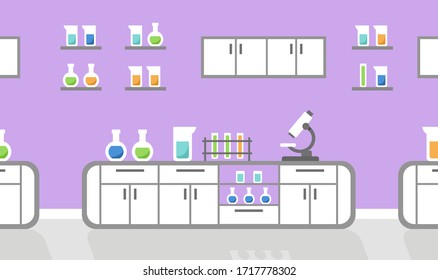 Science lab interior with chemical flasks and microscope, vector illustration