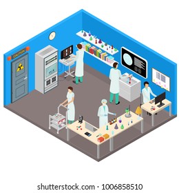 Science Lab Interior with Furniture Isometric View Chemistry Test Medical Concept for Web. Vector illustration of Research Laboratory