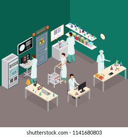 Science Lab Interior With Furniture Isometric View Chemistry Test Medical Concept For Web. Vector Illustration Of Research Laboratory