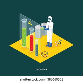 Science lab isomatric design flat. 3D Science and scientist, science laboratory, lab chemistry, research scientific, microscope and experiment, chemical lab science test, technology illustration