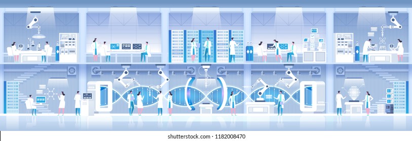 Science lab. Laboratory assistants work in scientific medical chemical or biological lab setting experiments. DNA research. High detailed vector illustration