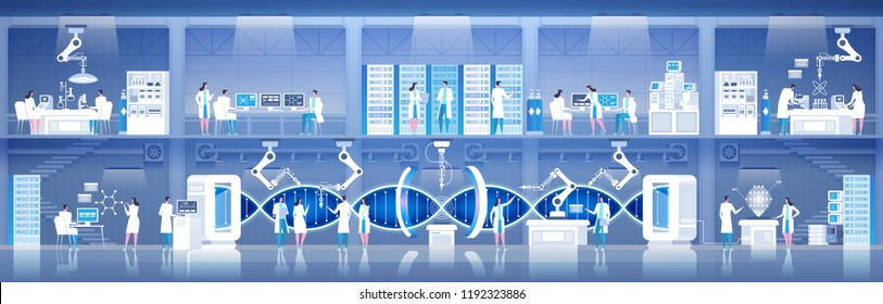 Science lab. Laboratory assistants work in scientific medical chemical or biological lab setting experiments. DNA research. High detailed vector illustration