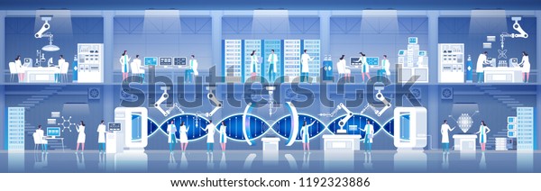 科学研究室 実験室の助手は 科学医学的な化学的実験や生物学的な研究所の設定実験で働く Dnaの研究 詳細なベクターイラスト のベクター画像素材 ロイヤリティフリー