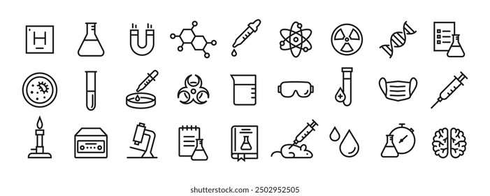 Science and lab line icon set. Editable stroke. Laboratory equipment icons. Simple outline symbols. Vector Illustration