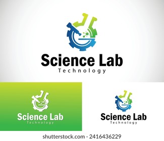 Science lab logo creative gear molecule biology technology design concept