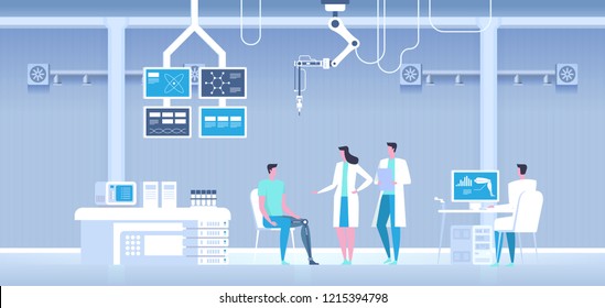 Science Lab. Man With Bionic Leg As Prothesis. Artificial Foot. Future Medicine. Vector Illustration