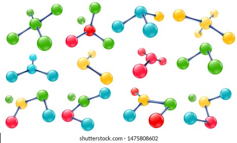 Science lab molecules. Vitamin molecule, chemical molecular structure and color molecules models. School biology laboratory or scientific medicine dna molecule 3d vector isolated symbols set