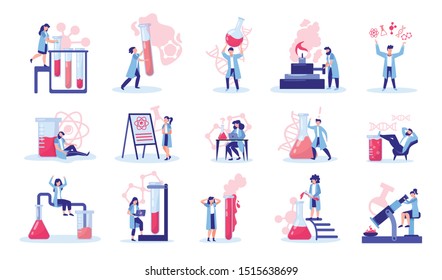 Science lab research discovery innovation flat icons big set with atom microscope retort dna isolated vector illustration  