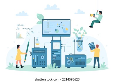 Science lab research vector illustration. Cartoon tiny scientists study molecules, DNA samples and leaf with laboratory equipment, scientific software and machines, technician analysis and development