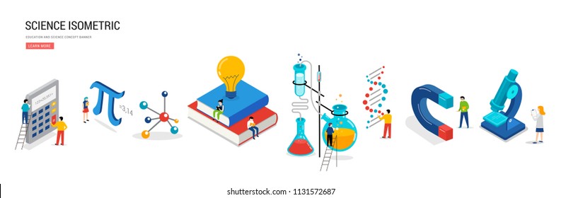Science Lab And School Class. Education, Mathematics, Chemistry Scene With Miniature People, Students. Isometric Concept