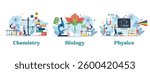 Science lab and school class with miniature people. Chemistry Physics and Biology. Education vector illustration.