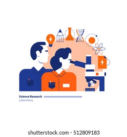 Science lab, scientific research laboratory, man and woman looking in microscope. Flat design vector illustration. Scientific study, education concept