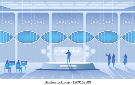 Science lab. Scientists man and woman conducting research in a lab. DNA molecules. Vector Illustration