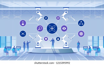 Science lab. Scientists man and woman conducting research in a lab. DNA molecules. Vector Illustration