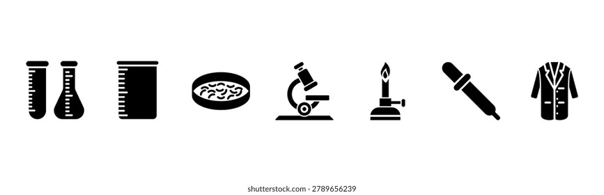 Science Lab set featuring Test Tube, Beaker, Petri Dish, Microscope, Bunsen Burner, Pipette, Lab Coat for research and lab visuals.