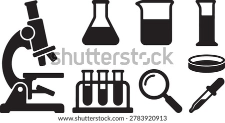 Science lab tool silhouettes, chemistry research icons, biology experiment set, scientific discovery symbols.