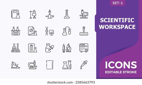 Science Lab vector icon set. Includes icons for ui, analysis, atom, chemical, beaker and more. Perfect for logos and infographic. Vector artwork.