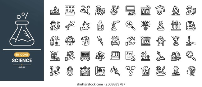 
Science and Lab vector line icon set. Contains linear outline icons like Research, Test, Chemistry, Medical, Experiment, Chemical, Analysis, Equipment, Atom,Flask. Editable use and stroke.
