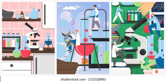 Science lab vector poster template set. Group of scientists investigating dna, carrying out scientific experiments using laboratory equipment and glassware microscope, flasks, beakers and lab burner.
