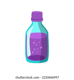Science lab vial with purple liquid vector illustration. Cartoon drawing of laboratory glass bottle for scientific research isolated on white background. Science, chemistry concept