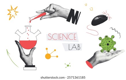 Science lab vintage collage conception set in retro halftone design. Collection with hands holds test tubes, making scientific research, studying molecular virus in laboratory. Vector illustration.