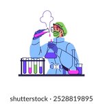 Science lab worker analysis chemical reaction in laboratory. Scientist does medical research, discovers remedy. Chemist pours from tube into flask. Flat isolated vector illustration on white